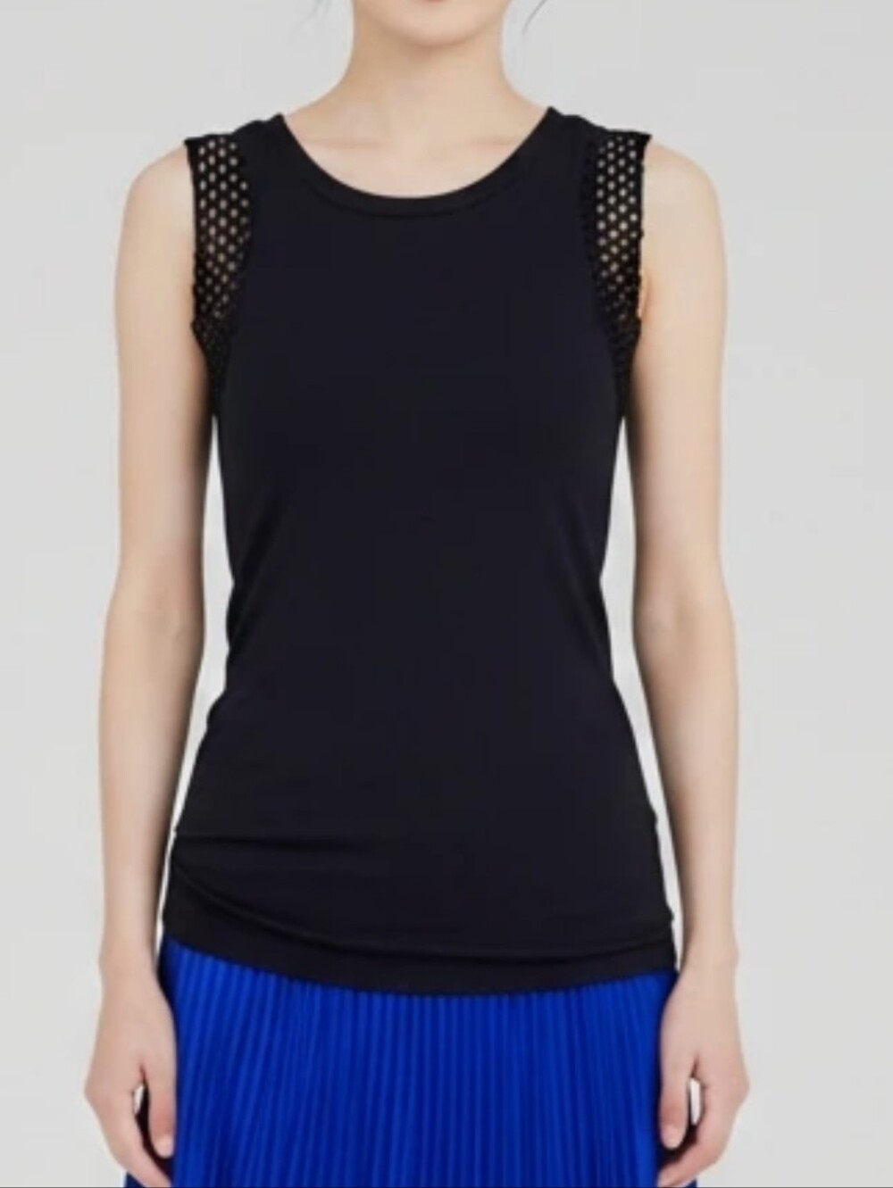 All Saints Black Tank with Embellished Mesh Shoulder Panels